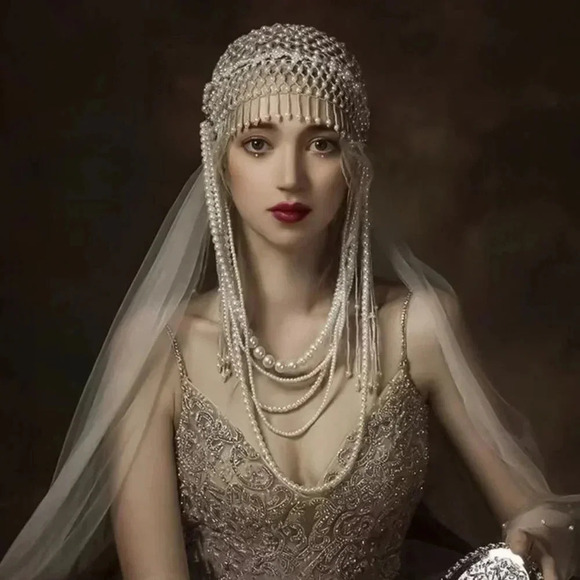 Accessories - (ON SALE) Elegance Bridal Pearl Tassel Hat Hair wear Luxurious Forehead Drop